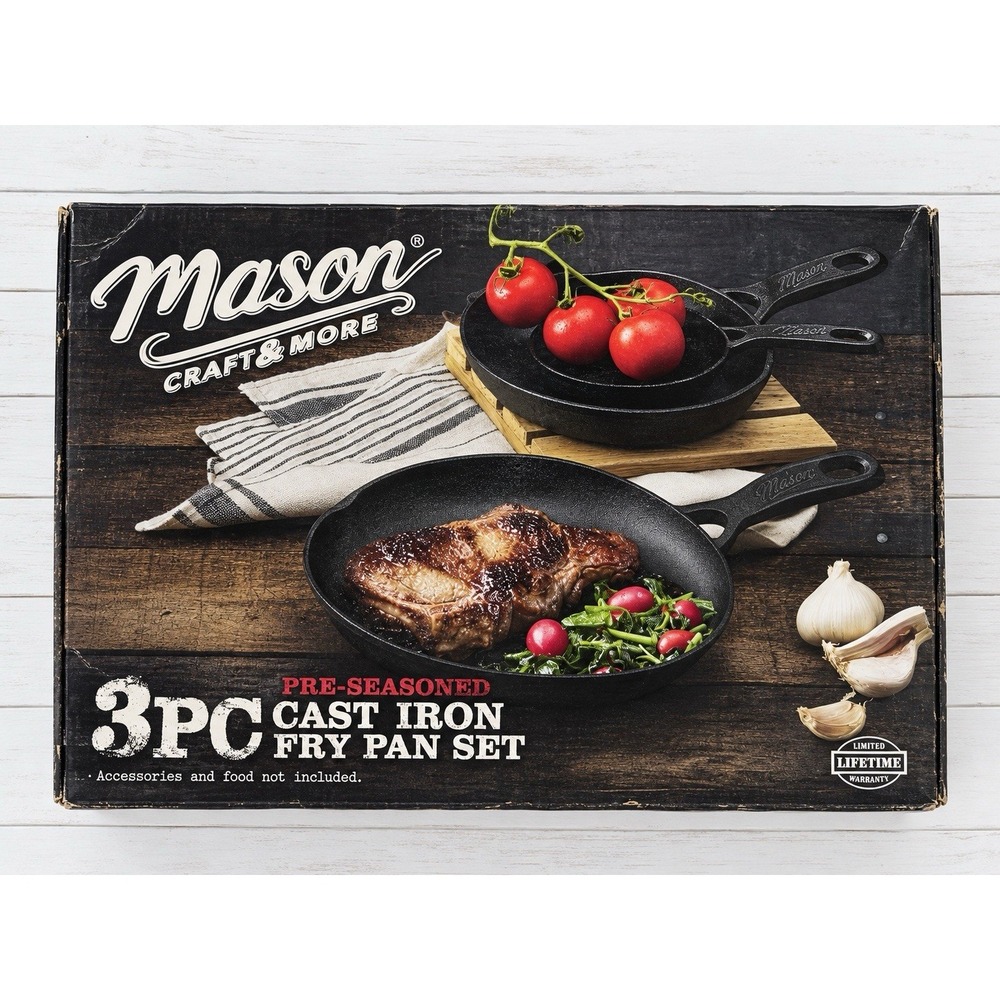 New In Box Mason Craft&More Cast Iron Fry Pan 3 Piece Fry Pan Set Pre-Seasoned